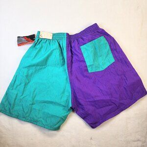 Rare VTG MITRE Spell Out Color Block Split Athletic Shorts 90s Purple Green MED
